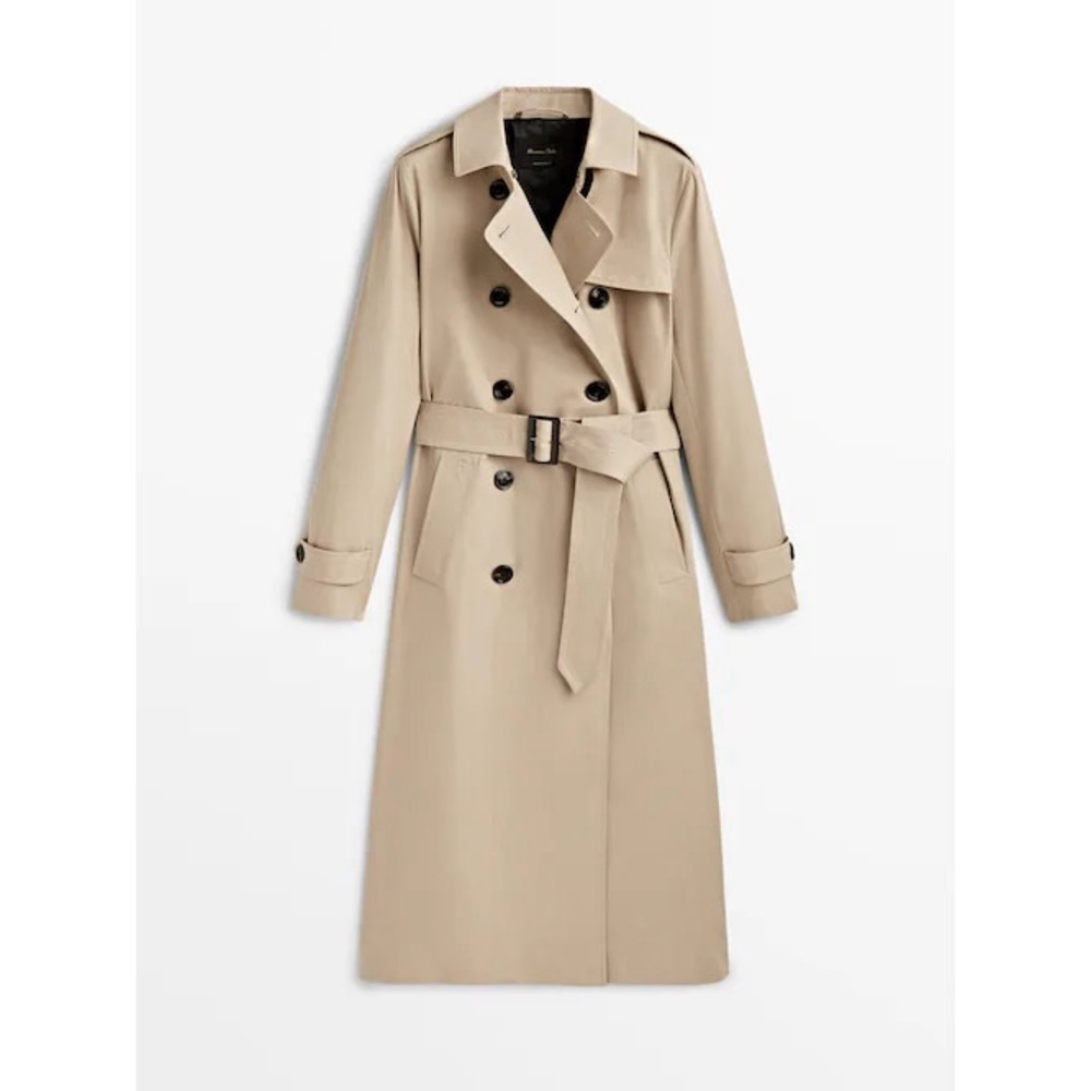 Massimo Dutti Belted Double-Breasted Cotton Trench Coat Tan Size XS NWT